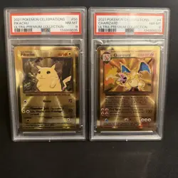 Celebrations Metal Card Charizard BS4 & Pikachu BS58 Ultra Premium Promo PSA 8 - Image 1