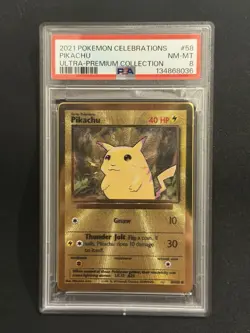 Pikachu Gold Metal PSA 8 NM-MT 2021 Pokemon Celebrations Ultra-Premium #58/102 - Image 1