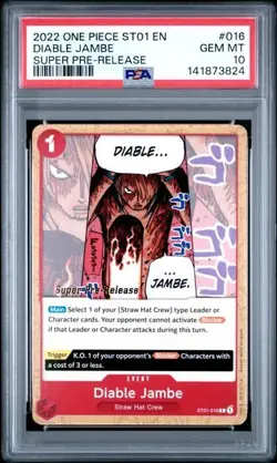 2022 ONE PIECE SUPER PRE RELEASE ST01-016 DIABLE JAMBE PSA 10 GEM MINT - Image 1