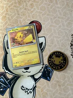 Pokemon 30th Anniversary Edition Pikachu Card N/M In Pikachu Sleeve + Coin - Image 1