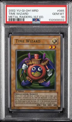 2002 YU-GI-OH! MRD-METAL RAIDERS 1ST ED #065 TIME WIZARD PSA 10 - Image 1
