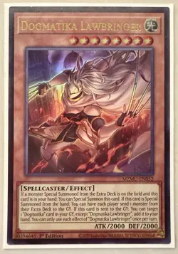 Yugioh! 1x Dogmatika Lawbringer MZMU-EN052 Ultra Rare 1st Ed NM - Image 1