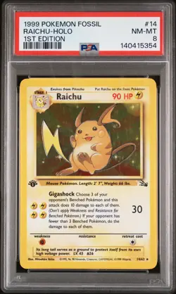 1999 POKEMON FOSSIL 1ST ED #14 RAICHU-HOLO PSA 8 - Image 1