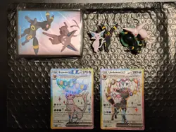 Pokemon Espeon SVP175 & Umbreon SVP176 Black Star Promo + Figurine, Pin & Sleeve - Image 1