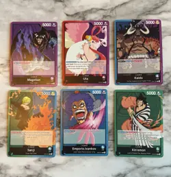 One Piece Card Lot Of 6 Leaders, Magellan, Sanji, Kin’emon, Kaido, Uta, Ivankov - Image 1