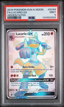 Pokemon PSA 9 Lucario GX #SV64 Full Art Sun & Moon Hidden Fates 2019 English - Image 2