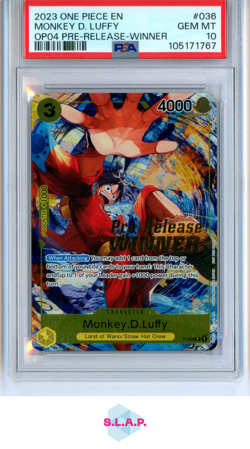 MONKEY D. LUFFY ONE PIECE P-036 2023 OP04 PRE-RELEASE WINNER ENGLISH PSA 10 - Image 1