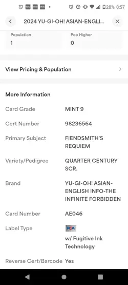 Secret Rare Yu-Gi-Oh! 2024 Fiendsmiths Requiem AE046 Quarter Century PSA 9 POP 1 - Image 4