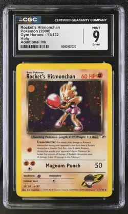 CGC 9 MINT Rocket's Hitmonchan 2000 Gym Heroes ERROR 11/132 Holo Pokemon Card - Image 1