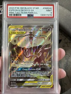2020 POKEMON SM BSP #SM240 ESPEON & DEOXYS GX PRM-TAG TEAM PWR.CLL. PSA 9 - Image 1