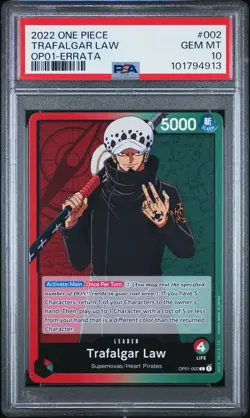 2022 ONE PIECE ROMANCE DAWN OP01-002 TRAFALGAR LAW - PSA 10 - ERRATA #2 POP 13! - Image 1