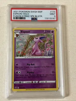Psa Graded9 Pokemon SwshBSP Espeon-Holo 2021 Fusion Strike BLSTR. Promo + Bonus. - Image 1