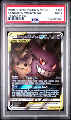 2019 POKEMON SUN & MOON TEAM UP #165 FULL ART/GENGAR & MIMIKYU GX PSA 9 - Image 1