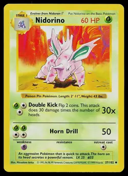 Pokemon Card - Nidorino Base Set (Shadowless) 37/102 Uncommon - Image 1