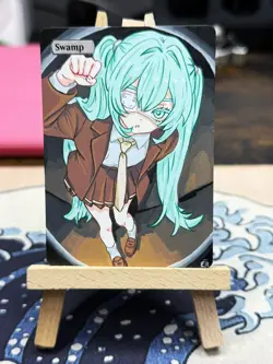 Hand Painted Altered Art Mtg land card Anime Swamp Girl Singer - Image 1