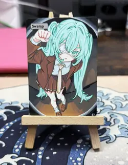 Hand Painted Altered Art Mtg land card Anime Swamp Girl Singer - Image 2