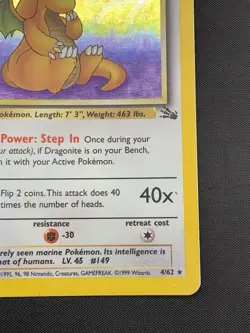 Pokemon TCG 1999 Fossil Dragonite Holo Rare Card Unlimited #4/62 Vintage HP - Image 5