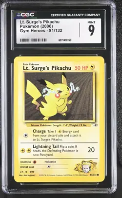 CGC 9 MINT Lt. Surge's Pikachu 2000 Gym Heroes 81/132 Pokemon Card - Image 1