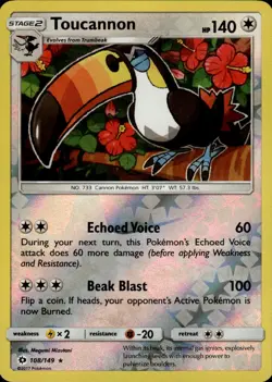 Toucannon Rare SM Base Set 108/149 Colorless Reverse Holo Pokemon Card - Image 1