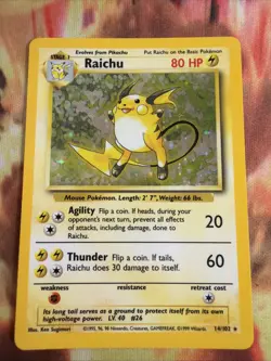 Pokemon TCG Base Set Raichu Holo Rare Card 14/102 Vintage LP - Image 1