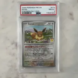 2025 POKEMON PRE EN-PRISMATIC EVOLUTIONS POKEMON DAY 2025 #074 EEVEE PSA 8 - Image 1