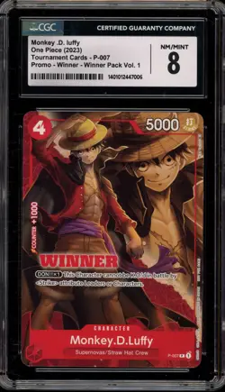 One Piece CCG Monkey.D.Luffy Tournament Winner Pk. Vol. 1 Promo P-007 CGC 8 - Image 1