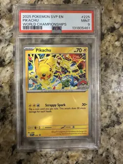 PIKACHU #225 2025 POKEMON SVP EN-SV WORLD CHAMPIONSHIPS BLACK STAR PROMO PSA 9 - Image 1