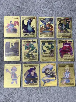 Set of 12 Charizard,Umbreon,Rayquaza,Gengar&Trainers Gold Foil Fan Art Cards - Image 1