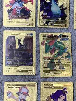 Set of 12 Charizard,Umbreon,Rayquaza,Gengar&Trainers Gold Foil Fan Art Cards - Image 4