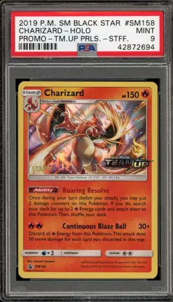 Pokemon Charizard Team UP STAFF Prerelease Holo Promo SM158 PSA 9 Mint - Image 1