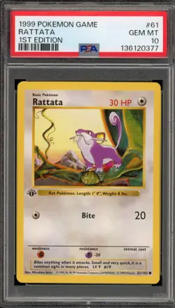 Pokemon Rattata Base Set Shadowless 1st Edition #61 PSA 10 Gem Mint - Image 1
