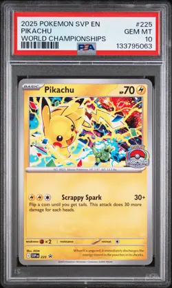 2025 POKEMON SVP EN-SV BLACK STAR PROMO WORLD CHAMPIONSHIPS #225 PIKACHU PSA 10 - Image 1