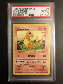 Pokemon PSA 10 GEM MINT Charmander 46/102 Shadowless Base Set 1999 HTF Card #46 - Image 1