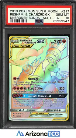 Pokemon 2019 Reshiram & Charizard GX 217 Full Art SR Unbroken Bonds PSA 10 - Image 1