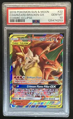 2019 Pokemon SM Cosmic Eclipse Charizard Braixen Tag Team Holo #22/236 PSA 10 - Image 1