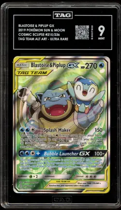 Pokemon Blastoise & Piplup GX Cosmic Eclipse Full Alt Art #215 TAG 9 Mint - Image 1