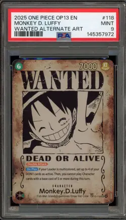 One Piece CCG Monkey.D.Luffy Wanted Alternate Art OP13-118 PSA 9 Mint - Image 1