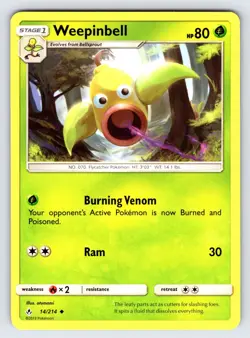 Weepinbell 14/214 S&M Unbroken Bonds Pokemon Card TCG Non Holo Uncommon - Nm/Vlp - Image 1