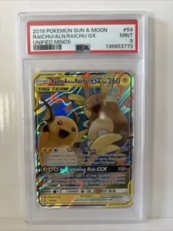 Pokemon TCG Raichu Alolan GX Card 54/236 Tag Team SM Unified Minds PSA 9 - Image 1