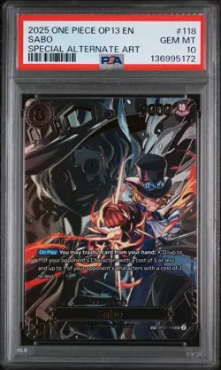 2025 ONE PIECE OP13-CARRYING ON HIS WILL SPECIAL ALTERNATE ART #118 SABO PSA 10 - Image 1