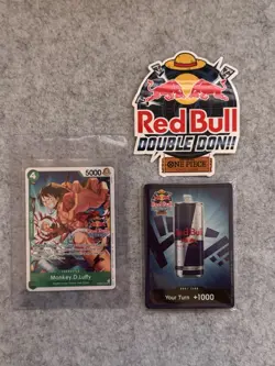SEALED Red Bull Double Don!! One Piece Card Game Promo Monkey D. Luffy + Sticker - Image 1