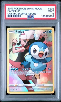 2019 POKEMON SUN & MOON COSMIC ECLIPSE SECRET #239 FULL ART/PIPLUP PSA 9 - Image 1
