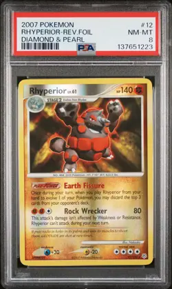 2007 POKEMON DIAMOND & PEARL #12 RHYPERIOR-REVERSE FOIL PSA 8 - Image 1
