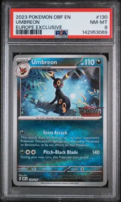 2023 POKEMON OBF EN-OBSIDIAN FLAMES EUROPE EXCLUSIVE #130 UMBREON PSA 8 - Image 1