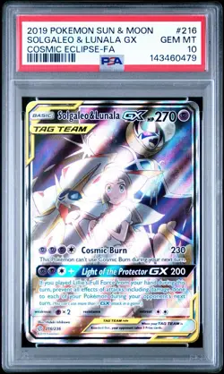 2019 POKEMON SUN & MOON COSMIC ECLIPSE #216 FULL ART/SOLGALEO & LUNALA GX PSA 10 - Image 1