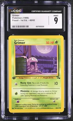 CGC MINT 9 Pokemon Grimer 48/62 1999 Fossil 1st Edition - Image 1