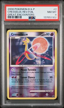 2008 POKEMON DIAMOND & PEARL GREAT ENCOUNTERS #2 CRESSELIA-REVERSE FOIL PSA 8 - Image 1