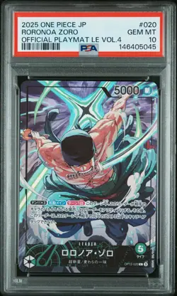 2025 ONE PIECE JPN PROMOS OFFICIAL PLAYMAT LTD ED VOL.4 #020 RORONOA ZORO PSA 10 - Image 1