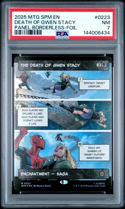 2025 MTG MARVEL'S SPIDER-MAN PANEL BORDERLESS-FOIL THE DEATH OF GWEN STACY PSA 7 - Image 1