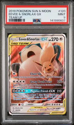 2019 POKEMON SUN & MOON TEAM UP #120 EEVEE & SNORLAX GX PSA 9 - Image 1